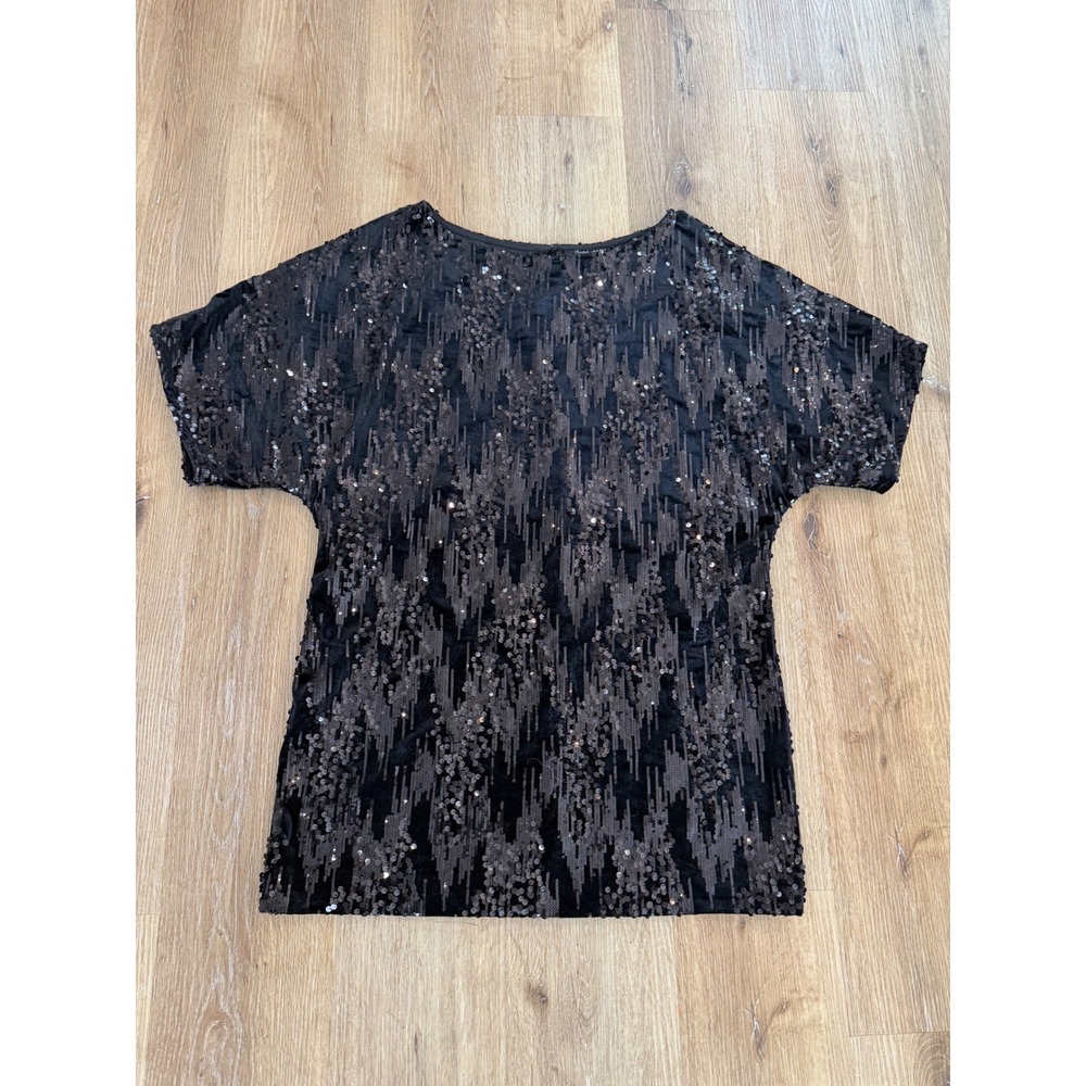 Cachet Sequin Tunic Dress Women 16 Black Velvet Geometric Dolman Short Sleeve